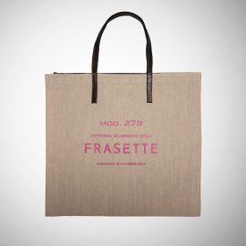 Shopping Bag Frasette in lino grezzo beige stampa fuxia L