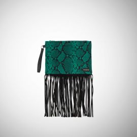 Pochette Frasette in pelle verde stampa rettile con frange nere M