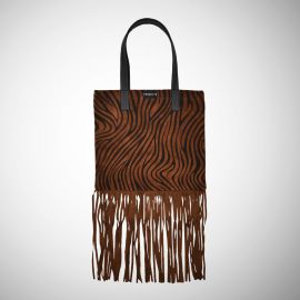 Shopping Bag Frasette in pelle nocciola stampa zebra con frange S