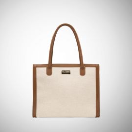 Tote bag Frasette in canvas beige e pelle cuoio S