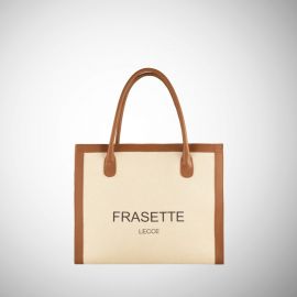 Tote bag Frasette in canvas beige e pelle cuoio logo S