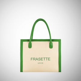Tote bag Frasette in canvas beige e pelle verde logo S