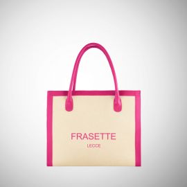 Tote bag Frasette in canvas beige e pelle fucsia logo S