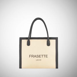 Tote bag Frasette in canvas beige e pelle nera logo S