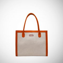 Tote bag Frasette in canvas beige e pelle arancione S