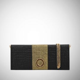 Baguette Frasette in pelle nera stampa cocco e oro