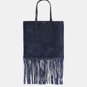 Shopping Bag Frasette in pelle scamosciata blu traforata con frange M