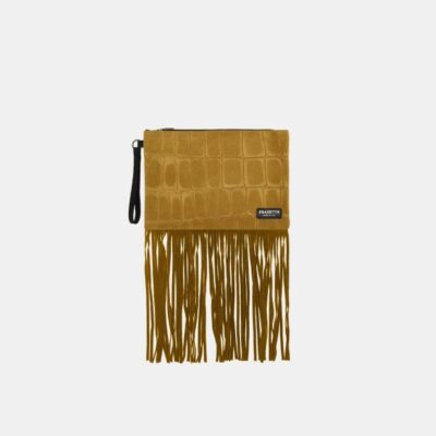 Pochette Frasette in pelle scamosciata senape stampa cocco con frange M