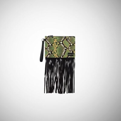 Pochette Frasette in pelle scamosciata verde stampa rettile con frange S