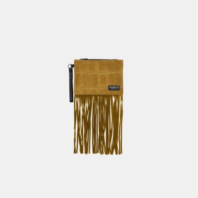 Pochette Frasette in pelle scamosciata senape stampa cocco con frange S