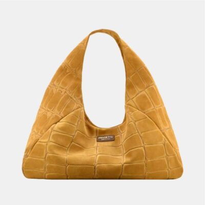 Hobo bag Frasette in pelle scamosciata senape stampa cocco L