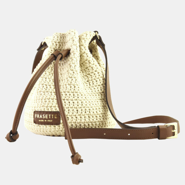 C Bucket Frasette secchiello in crochet ecrù e pelle nocciola TU - immagine 3