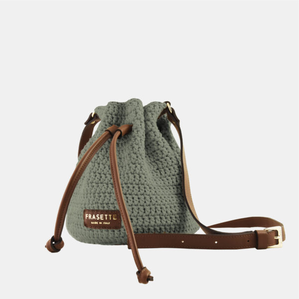 C Bucket Frasette secchiello in crochet verdone e pelle nocciola TU - immagine 3
