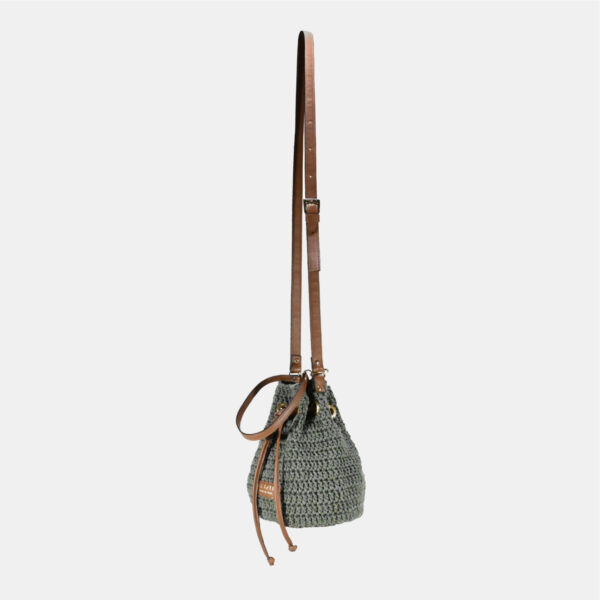 C Bucket Frasette secchiello in crochet verdone e pelle nocciola TU - immagine 2